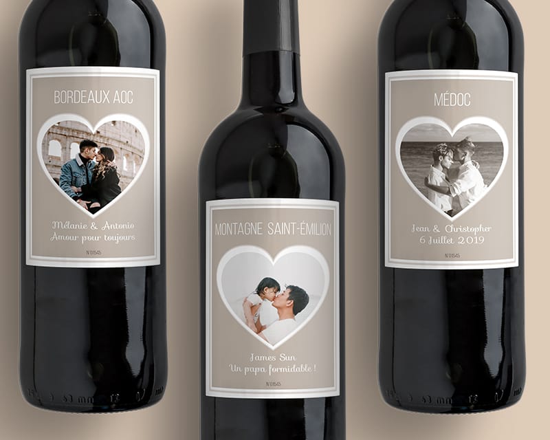 Bouteille de vin personnalisée coeur photo