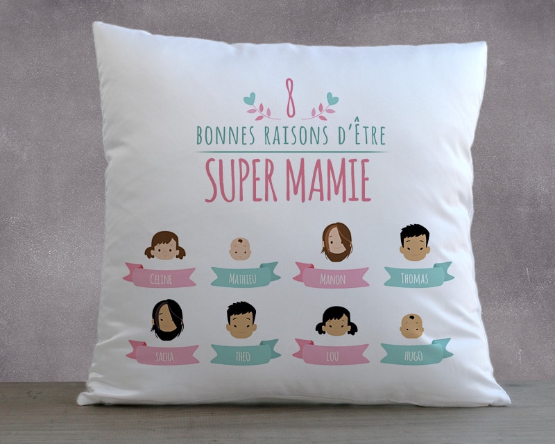 Coussin les 8 bonnes raisons d'être mamie personnalisé