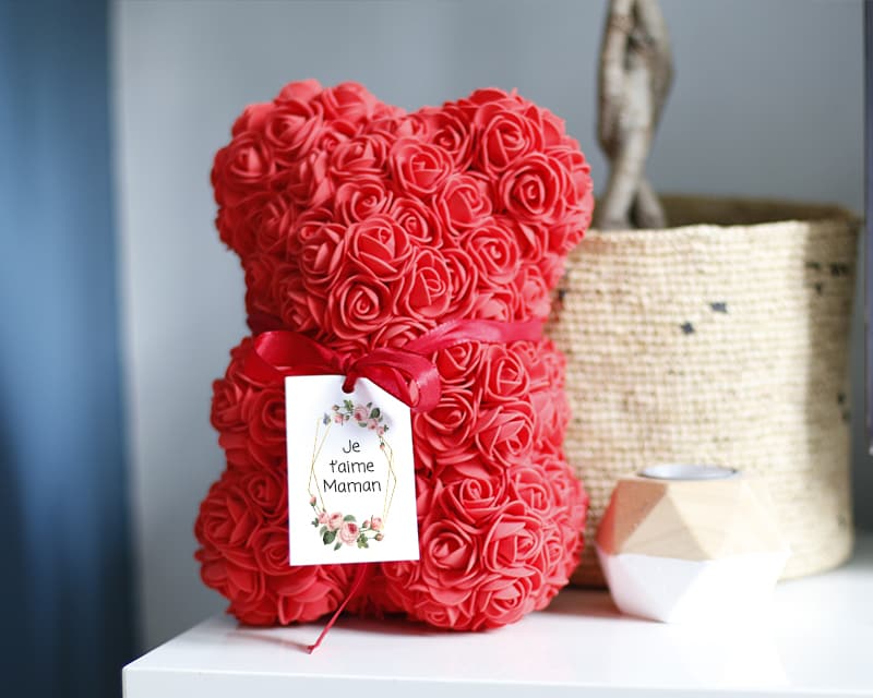 Ourson en roses éternelles rouges et Carte personnalisable