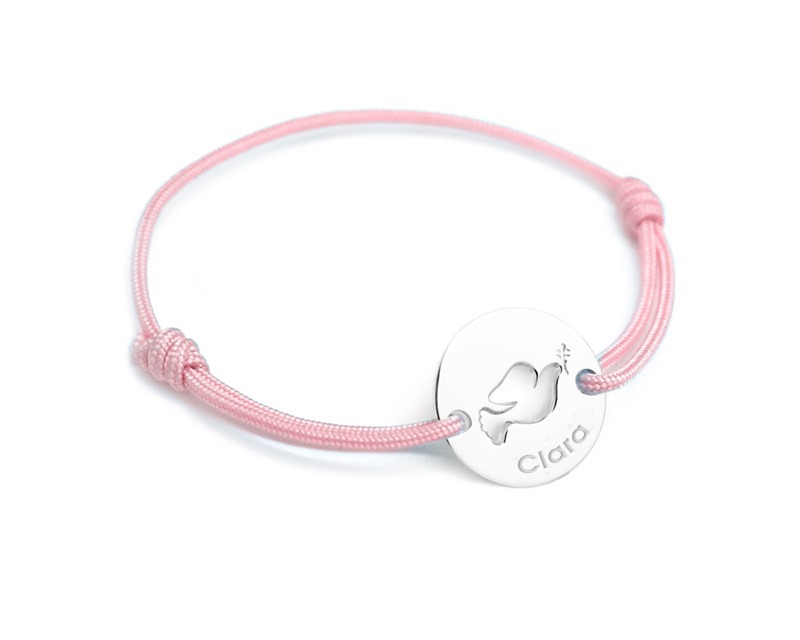 Bracelet jeton colombe argent véritable personnalisable avec un prénom