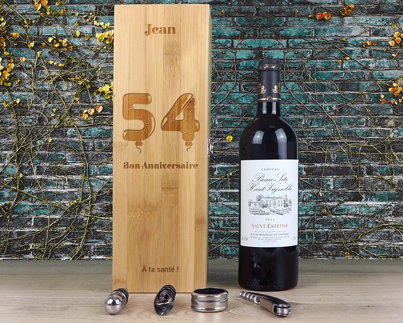 Coffret sommelier anniversaire gravé et sa bouteille de vin rouge