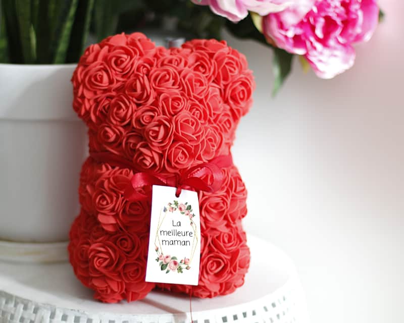 Ours en roses éternelles rouges avec carte personnalisée meilleure maman