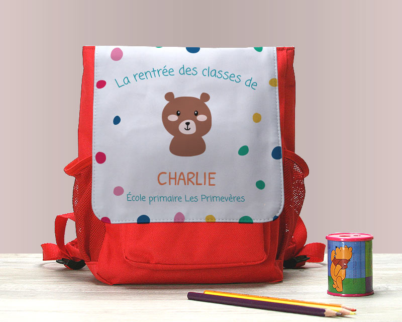 Sac à dos Animaux rouge enfant personnalisé La rentrée des classes de Charlie Ecole Primaire Les Primevères