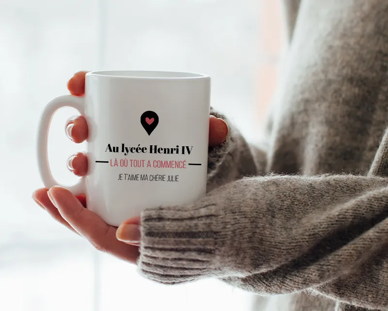 Mug personnalisé Là où tout a commencé au Lycée Henry IV avec le message Je t'aime ma chérie Julie