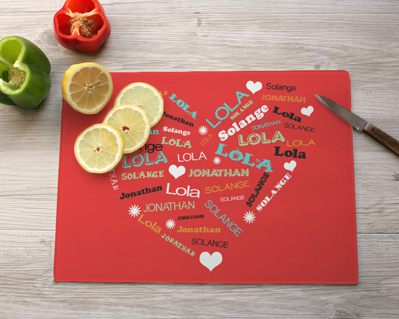 Planche à découper en verre personnalisée coeur famille