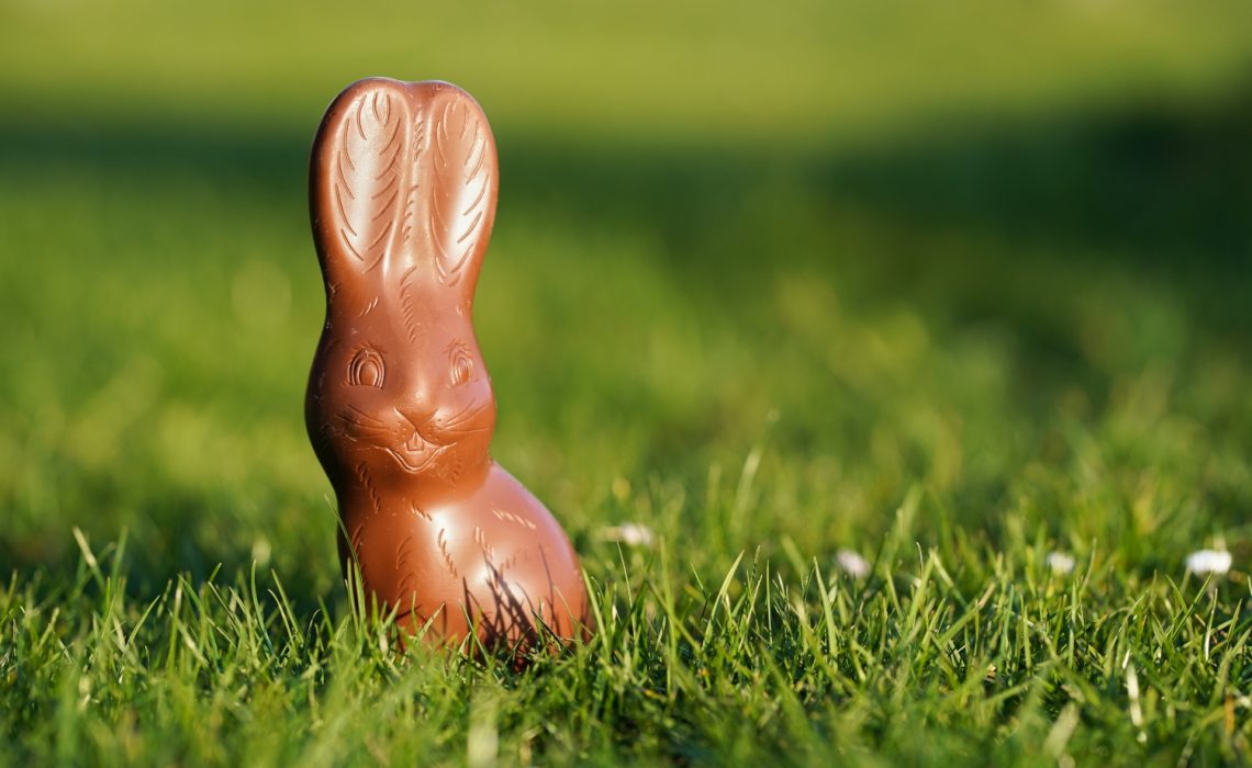 Lapin de Pâques en chocolat posé sur l'herbe