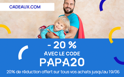 Bannière animée Fête des pères -20% avec le code PAPA20 valable sur Cadeaux.com du 05/06 au 19/06