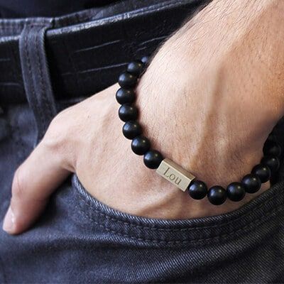 Bracelet pour homme personnalisable - perles Agates noires mates