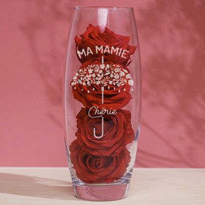 Vase ovale personnalisable gravé et ses Roses rouges éternelles - Je t'aime