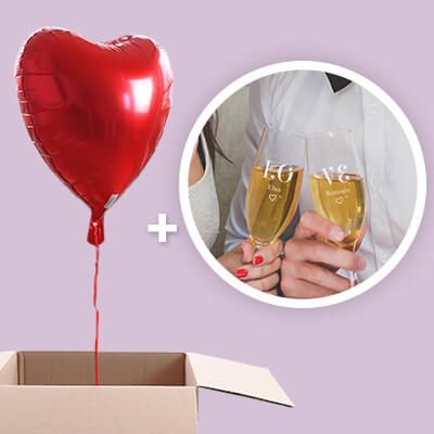 DUO Ballon cœur hélium et 2 Flûtes à Champagne Personnalisables - LOVE