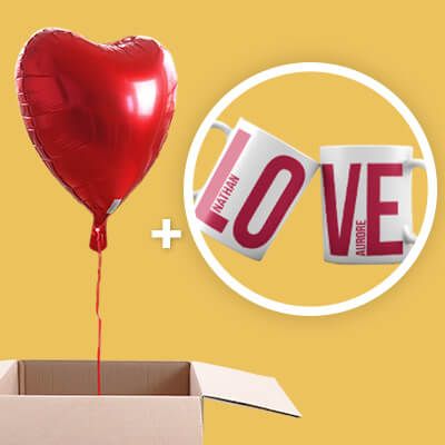 DUO Ballon cœur hélium et 2 Mugs Personnalisables - LOVE