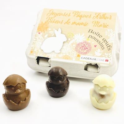 Boîte d'oeufs personnalisable et ses Poussins au chocolat noir, lait et blanc