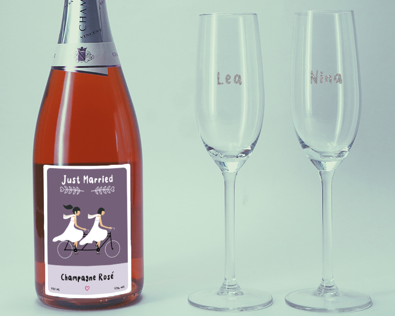 Champagne rosé Just Married et Lot de 2 Flûtes à Champagne Personnalisables Prénom