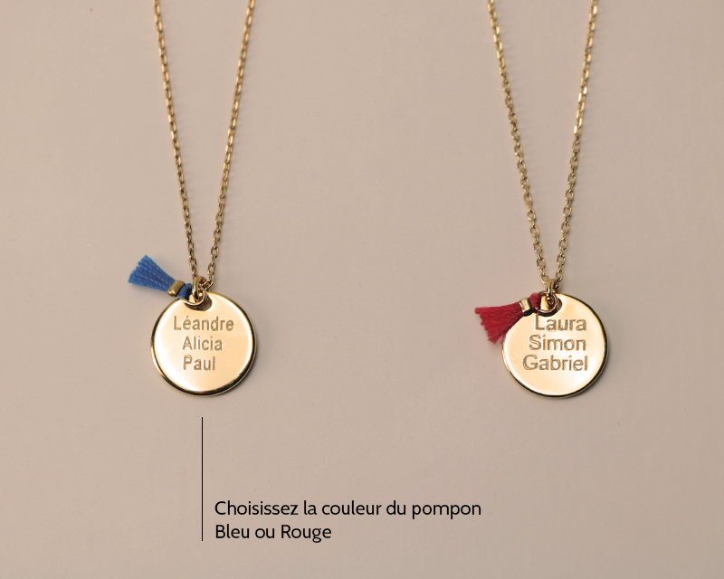 Collier personnalisé plaqué Or 18 carats - Pompon rouge ou bleu