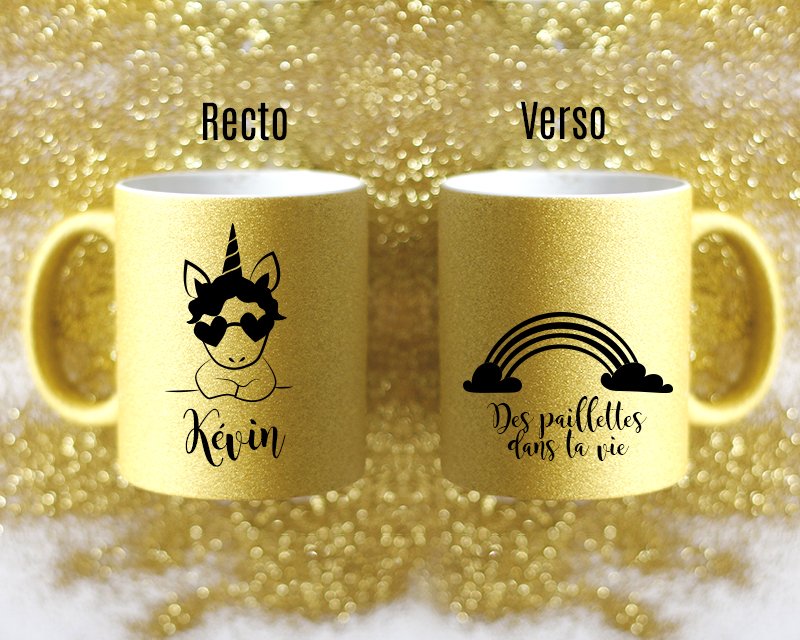 Mug à paillettes personnalisé - Doré ou Bleu argent - Licorne
