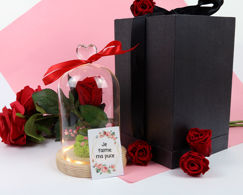 Rose sous cloche avec une carte personnalisée