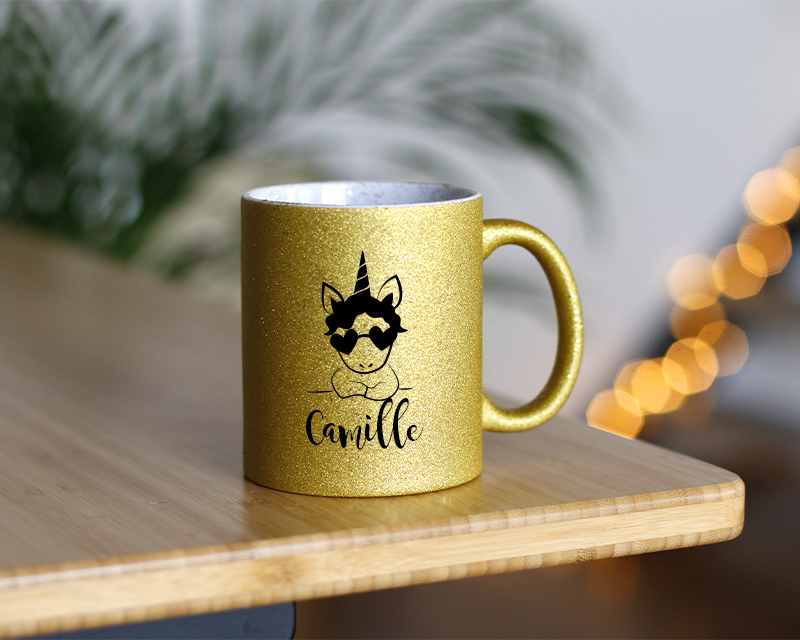 Mug à paillettes personnalisé - Doré ou Bleu argent - Licorne