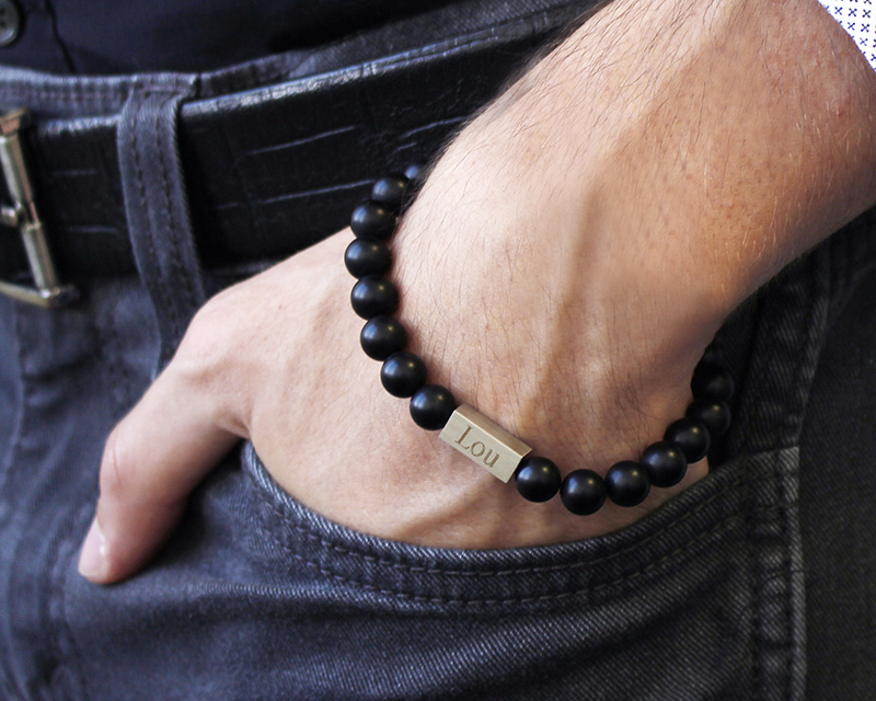 Bracelet pour homme personnalisable - perles Agates noires mates