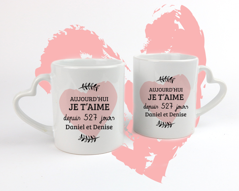 Lot de 2 mugs coeurs personnalisés - Aujourd'hui je t'aime depuis X jours