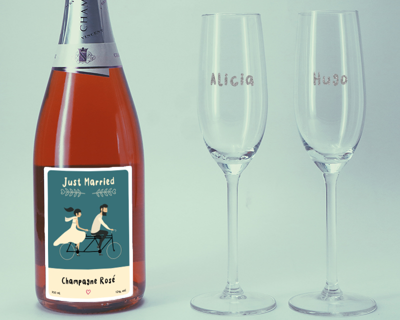 Champagne rosé Just Married et Lot de 2 Flûtes à Champagne Personnalisables Prénom