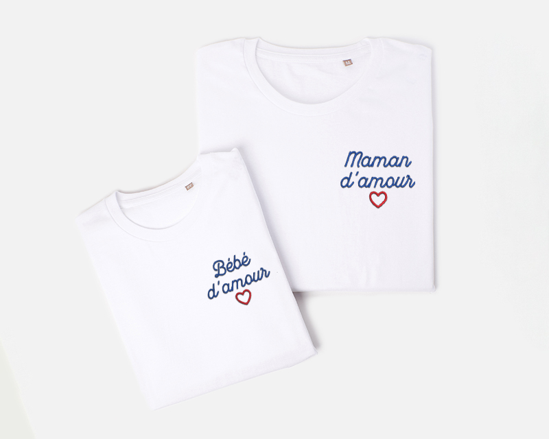 Duo de t-shirts maman / enfant personnalisés - Coeur brodé