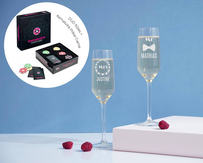 Pack soirée coquine : Lot de 2 Flûtes à Champagne Personnalisables + Poker Kamasutra