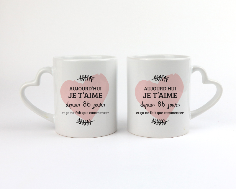 Lot de 2 mugs coeurs personnalisés - Aujourd'hui je t'aime depuis X jours