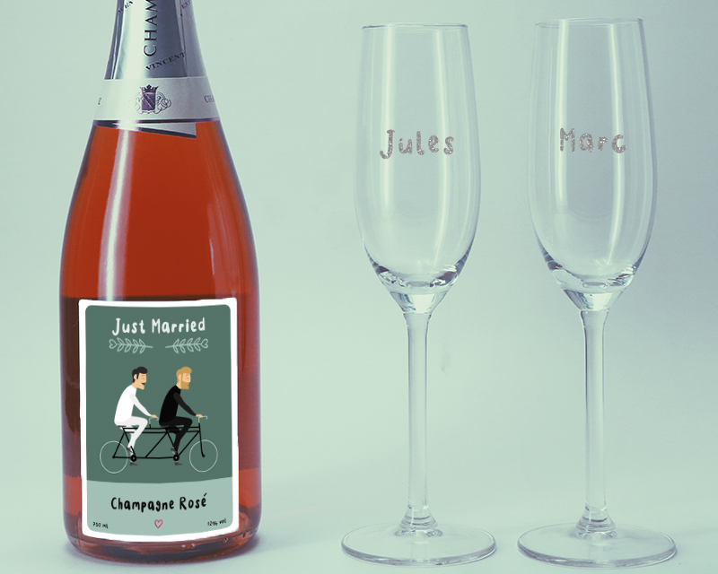 Champagne rosé Just Married et Lot de 2 Flûtes à Champagne Personnalisables Prénom