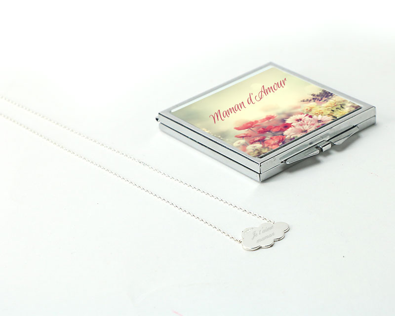Collier nuage gravé Je t'aime Maman et son miroir personnalisable
