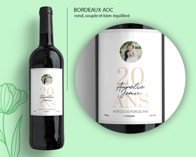Bouteille de vin de Bordeaux personnalisée - Noces de Porcelaine