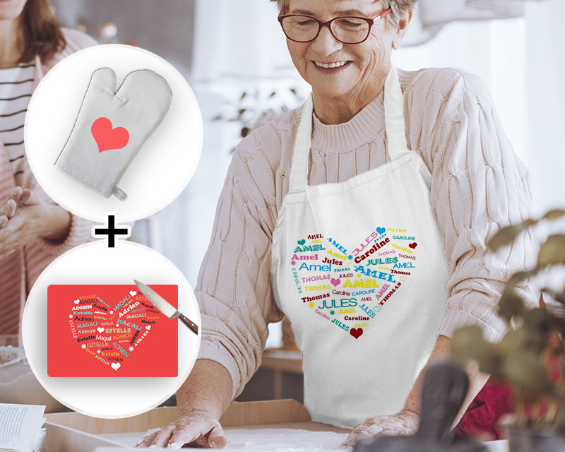 Kit Mamie Cordon Bleu - Planche à découper, tablier et gant de cuisine personnalisables