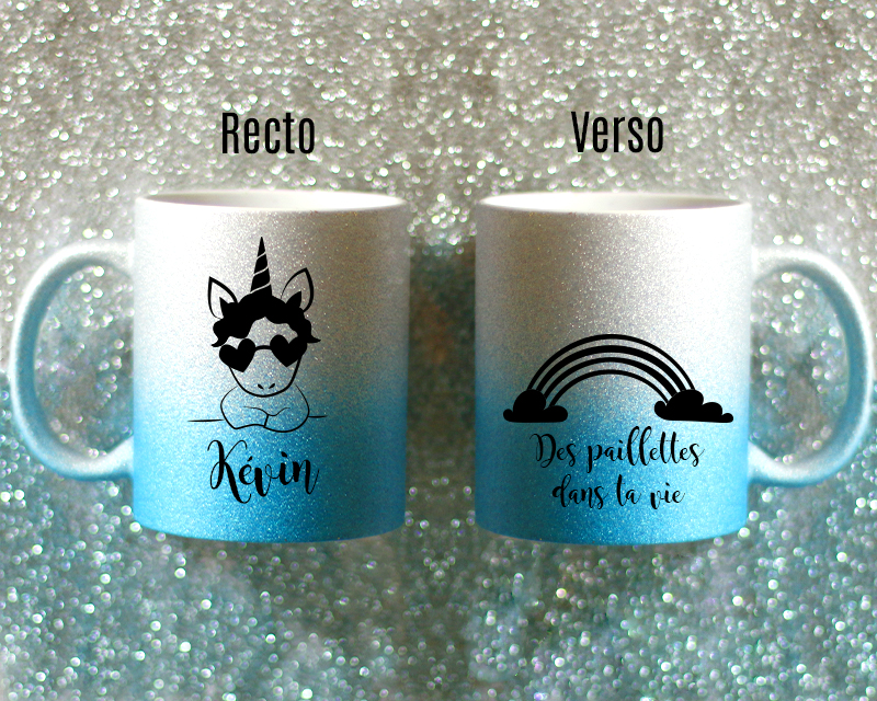 Mug à paillettes personnalisé - Doré ou Bleu argent - Licorne