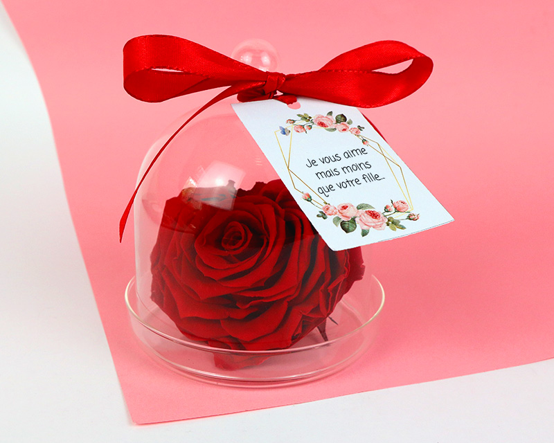 Rose rouge éternelle en forme de cœur et son étiquette - Belle maman