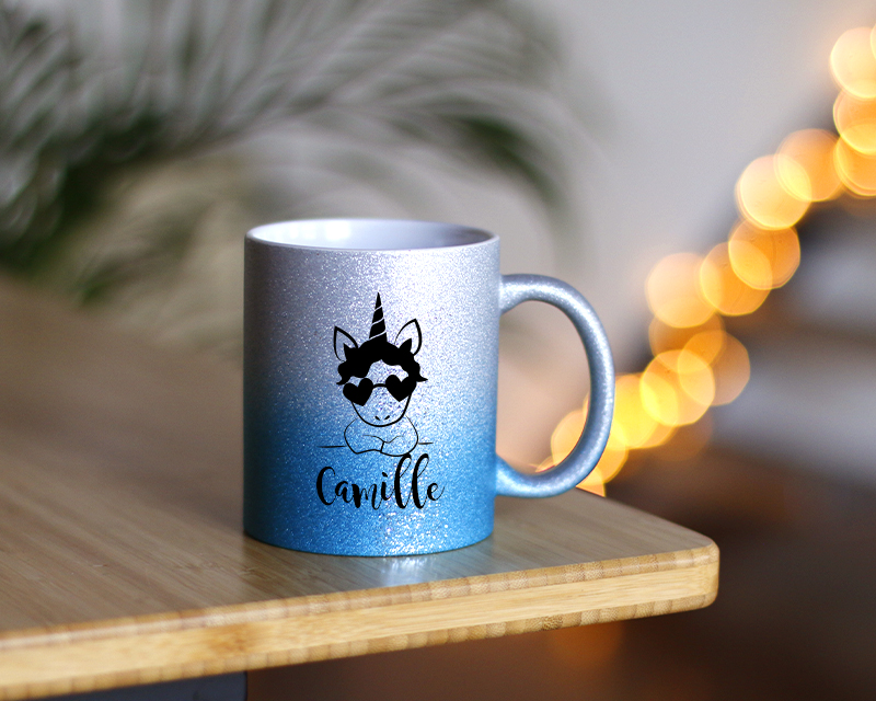 Mug à paillettes personnalisé - Doré ou Bleu argent - Licorne