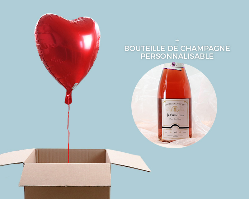 DUO Ballon cœur hélium et Champagne Rosé Personnalisable