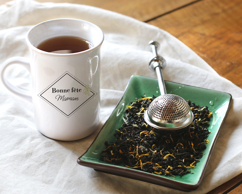 Coffret mug personnalisé, thé et boule à thé