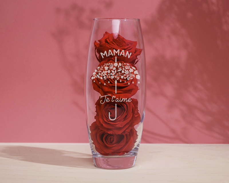 Vase ovale personnalisable gravé et ses Roses rouges éternelles - Je t'aime