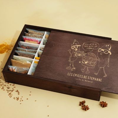 Petit coffret d'épices gravé « On va se faire griller » - 9 épices du monde