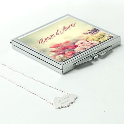 Collier nuage gravé Je t'aime Maman et son miroir personnalisable