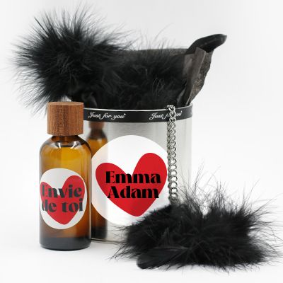 Coffret coquin personnalisé - Huile de massage et menottes