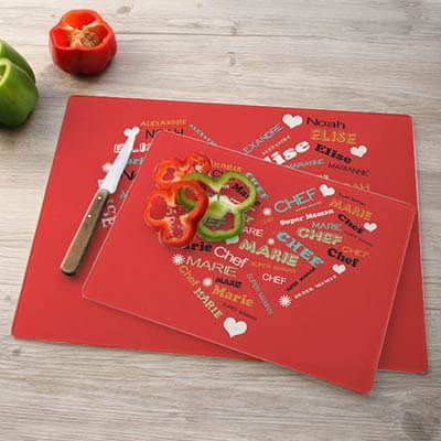 Planche à découper en verre personnalisée - Coeur Famille