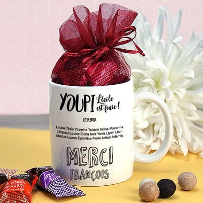 Mug personnalisé - L'Ecole est finie - Avec chocolats Monbana