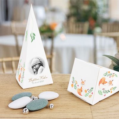 Boîtes à dragées personnalisées avec dragées chocolat et amandes - Renard