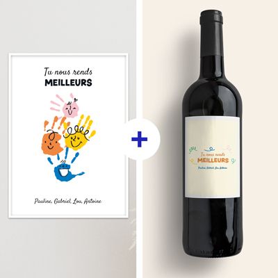 Coffret affiche et bouteille de vin personnalisées - Empreintes pour papa