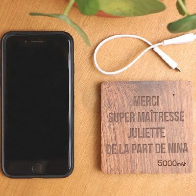 Batterie Externe en bois personnalisable 5000 mAh - Merci Maîtresse, Maître et ATSEM