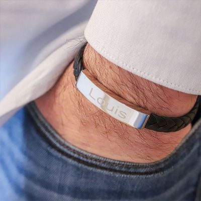 Bracelet Grave Homme En Acier Et Cuir Tresse Cadeaux Com