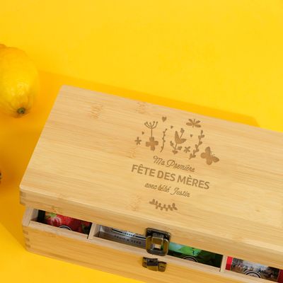 coffret à thé en bois noir avec assortiment de 8 parfums de thés