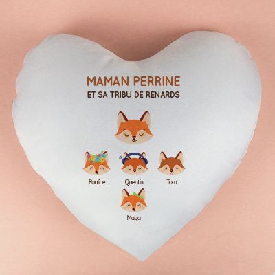 Coussin personnalisé coeur - Maman Renard et sa meute