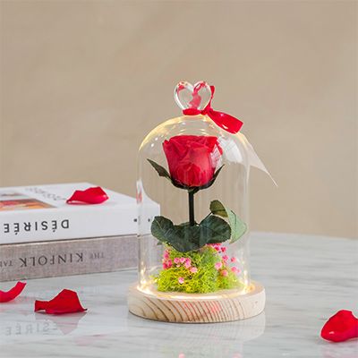 Rose éternelle sous cloche lumineuse avec carte personnalisée 