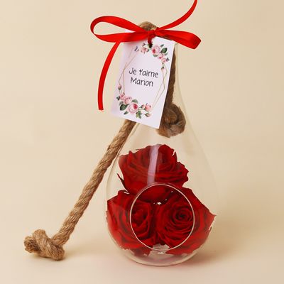 Vase suspendu avec roses éternelles - Message personnalisé